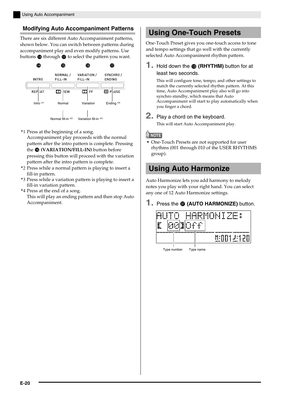 Using one-touch presets using auto harmonize, Modifying auto accompaniment patterns, Bo bp bq br | Casio PX350-ES-1A User Manual | Page 22 / 79
