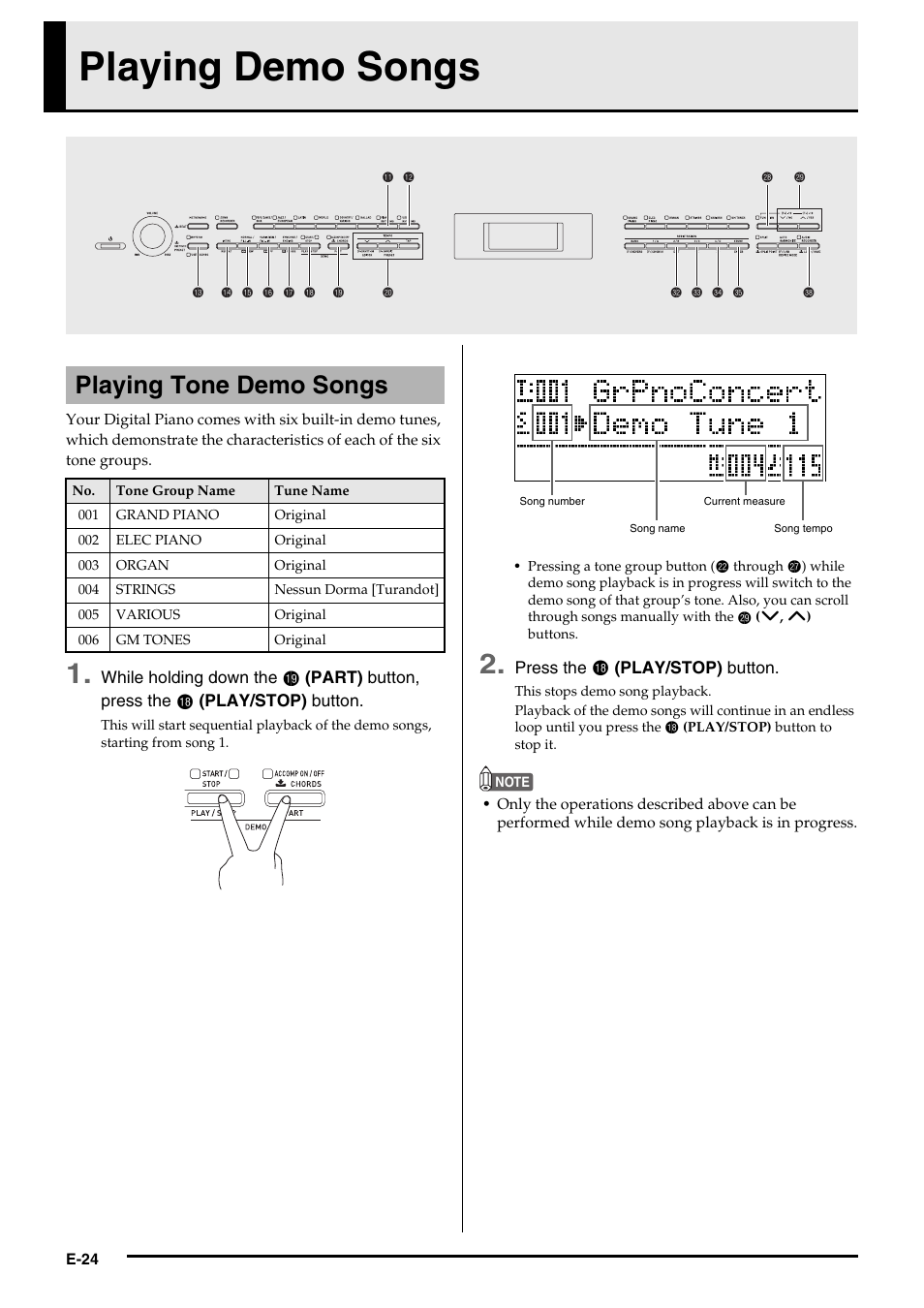 Playing demo songs, Playing tone demo songs | Casio PX350-ES-1A User Manual | Page 26 / 79