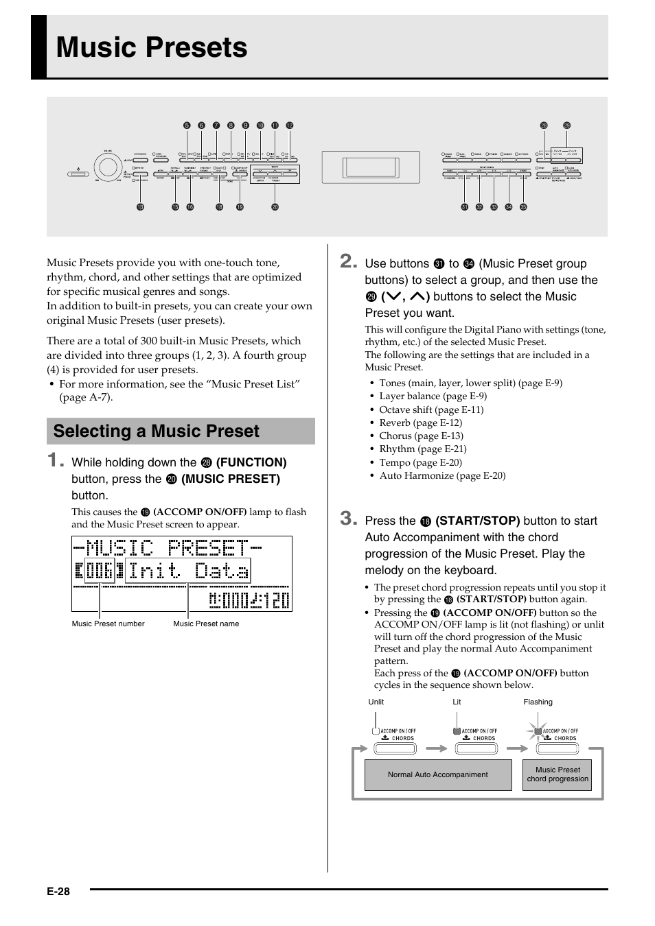 Music presets, Selecting a music preset | Casio PX350-ES-1A User Manual | Page 30 / 79
