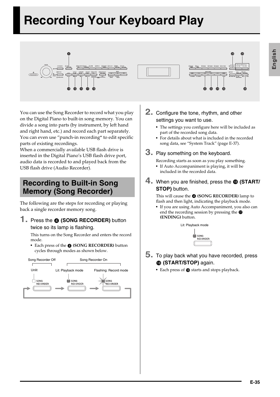 Recording your keyboard play | Casio PX350-ES-1A User Manual | Page 37 / 79