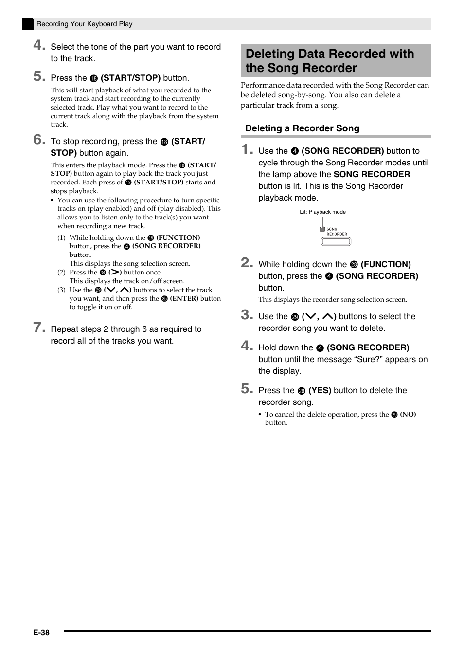 Deleting data recorded with the song recorder | Casio PX350-ES-1A User Manual | Page 40 / 79