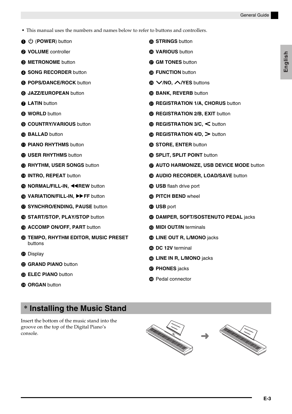 Installing the music stand | Casio PX350-ES-1A User Manual | Page 5 / 79