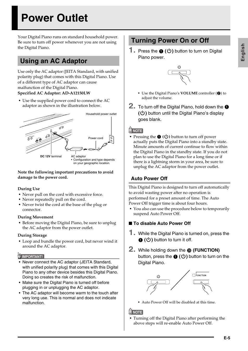 Power outlet, Using an ac adaptor, Turning power on or off | Casio PX350-ES-1A User Manual | Page 7 / 79