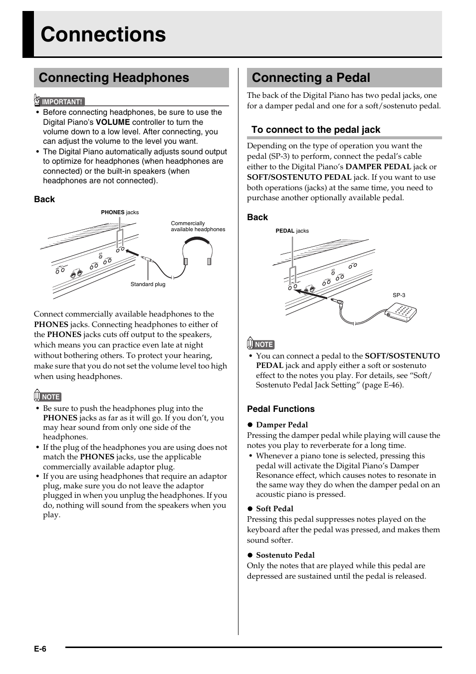 Connections, Connecting headphones, Connecting a pedal | Casio PX350-ES-1A User Manual | Page 8 / 79