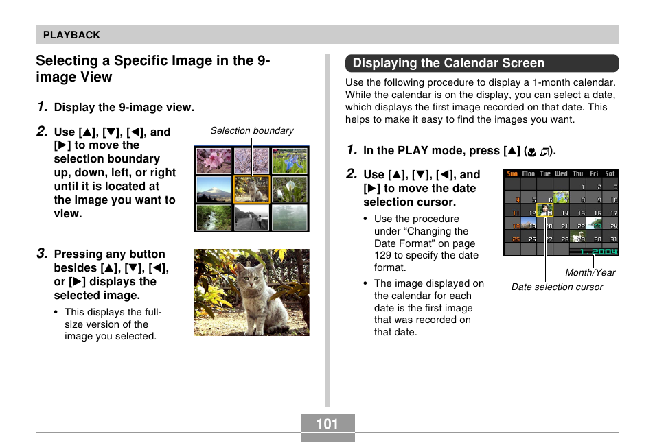 Selecting a specific image in the 9-image view, Displaying the calendar screen, Selecting a specific image in the 9- image view 1 | Casio EX-Z30/EX-Z40 User Manual | Page 101 / 198