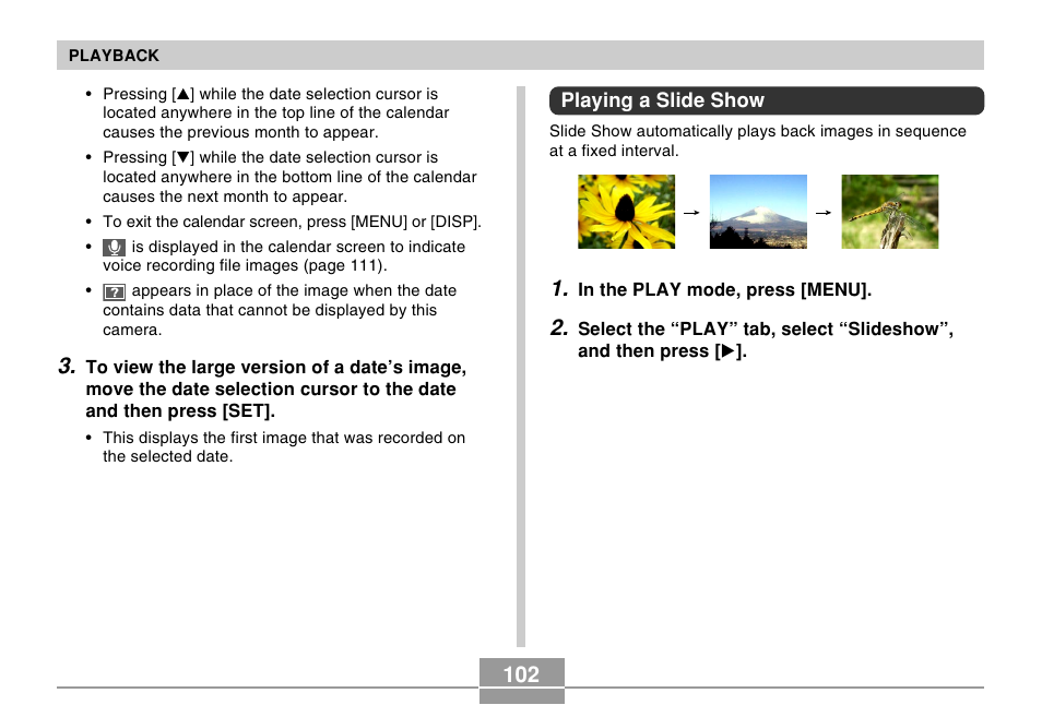 Playing a slide show | Casio EX-Z30/EX-Z40 User Manual | Page 102 / 198