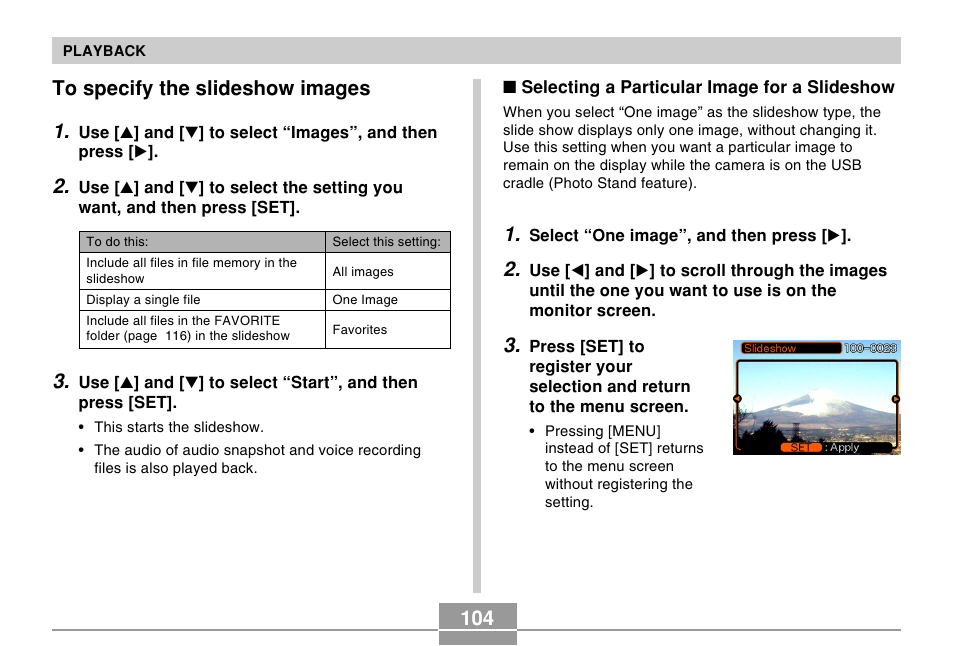 To specify the slideshow images | Casio EX-Z30/EX-Z40 User Manual | Page 104 / 198