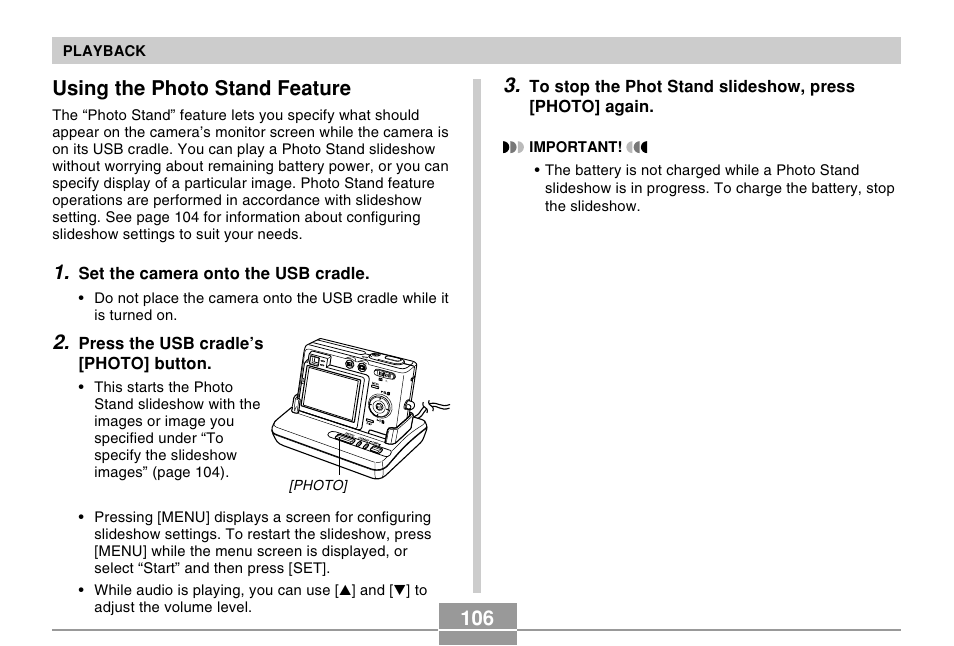 Using the photo stand feature | Casio EX-Z30/EX-Z40 User Manual | Page 106 / 198