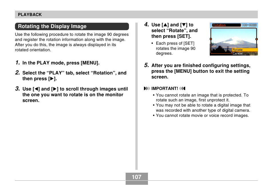 Rotating the display image | Casio EX-Z30/EX-Z40 User Manual | Page 107 / 198