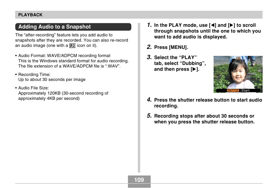 Adding audio to a snapshot | Casio EX-Z30/EX-Z40 User Manual | Page 109 / 198