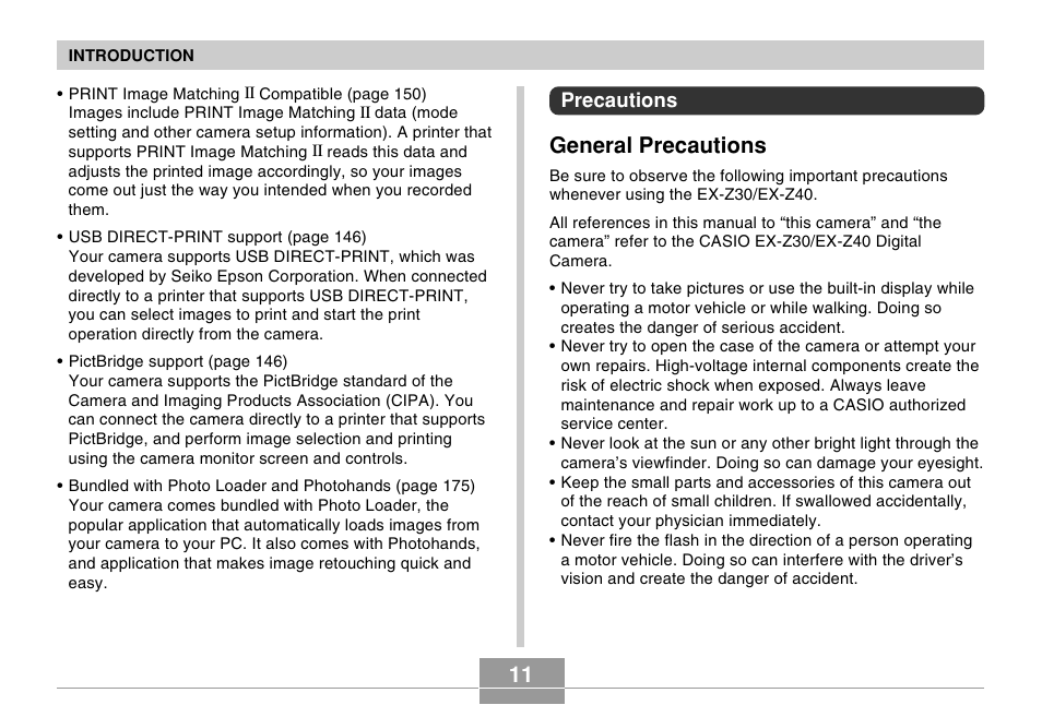 Precautions, General precautions | Casio EX-Z30/EX-Z40 User Manual | Page 11 / 198