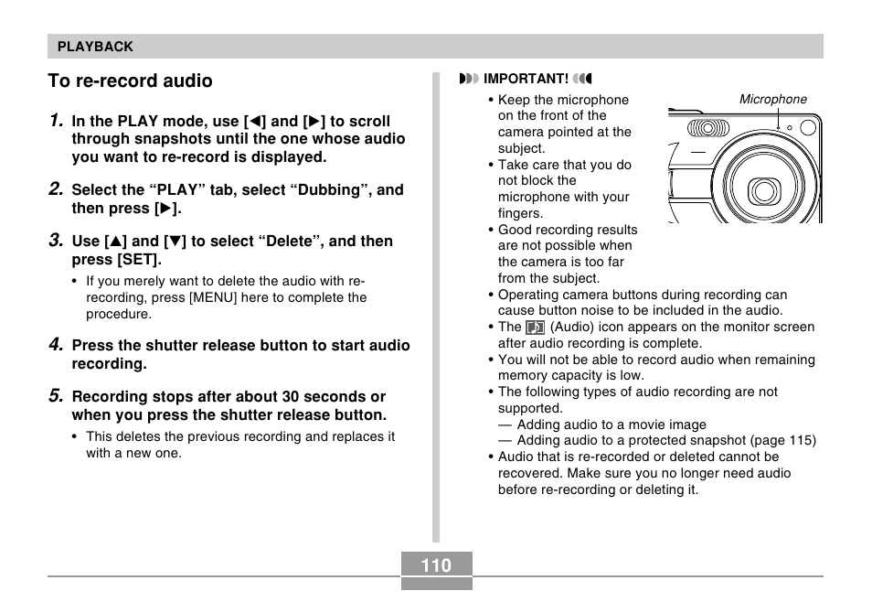 To re-record audio | Casio EX-Z30/EX-Z40 User Manual | Page 110 / 198