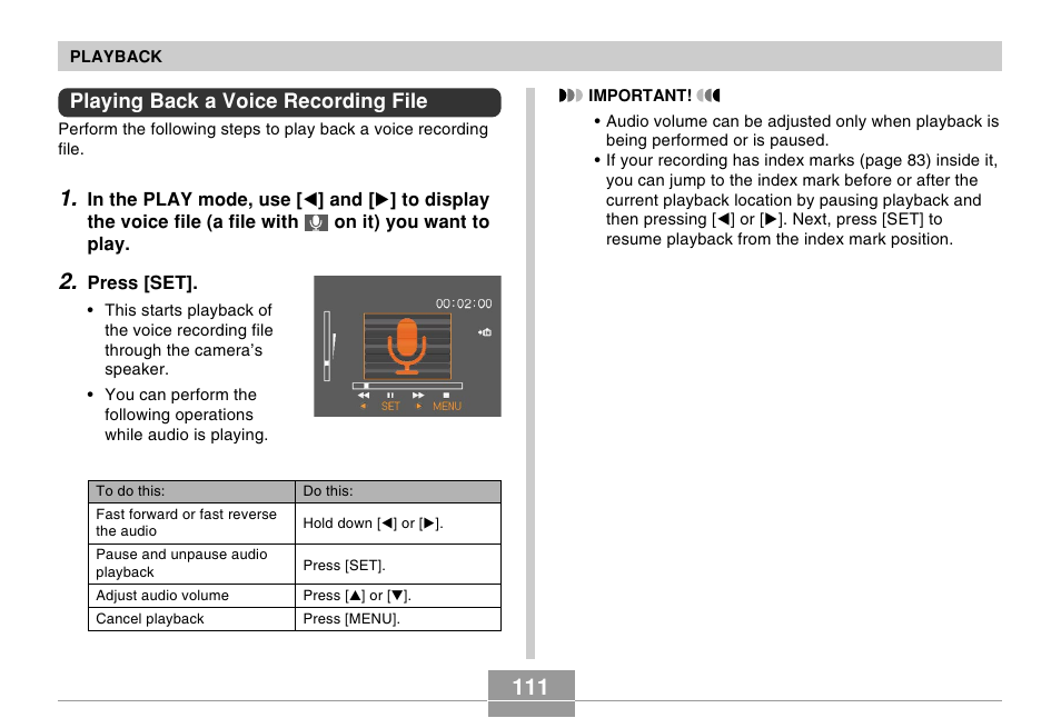 Playing back a voice recording file | Casio EX-Z30/EX-Z40 User Manual | Page 111 / 198