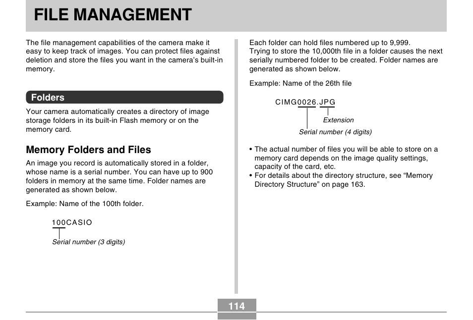 File management, Folders, Memory folders and files | Casio EX-Z30/EX-Z40 User Manual | Page 114 / 198