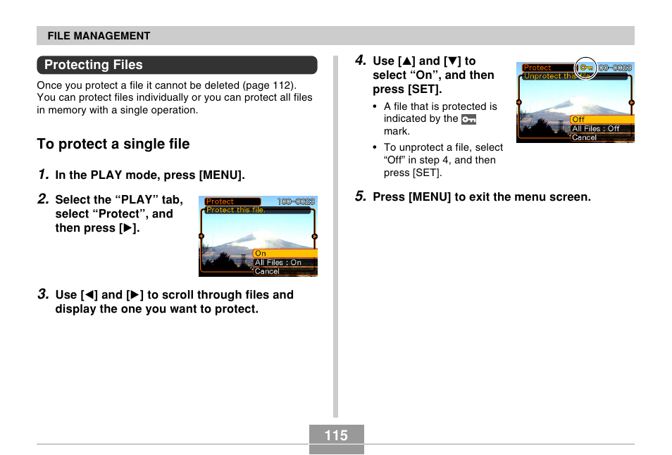 Protecting files, To protect a single file | Casio EX-Z30/EX-Z40 User Manual | Page 115 / 198