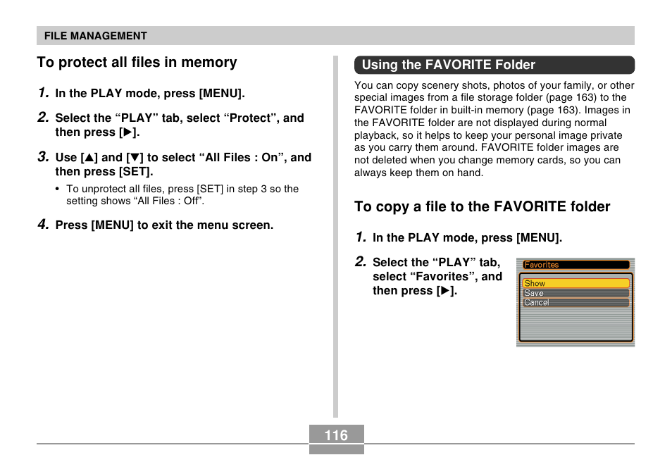 To protect all files in memory, Using the favorite folder, To copy a file to the favorite folder | Casio EX-Z30/EX-Z40 User Manual | Page 116 / 198