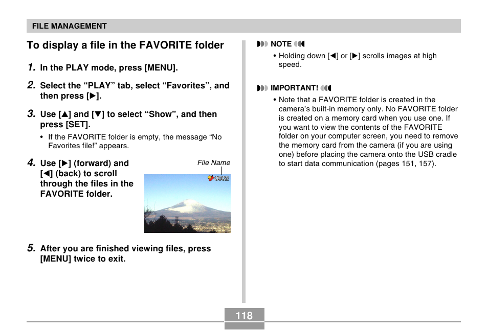 To display a file in the favorite folder, 118 to display a file in the favorite folder 1 | Casio EX-Z30/EX-Z40 User Manual | Page 118 / 198