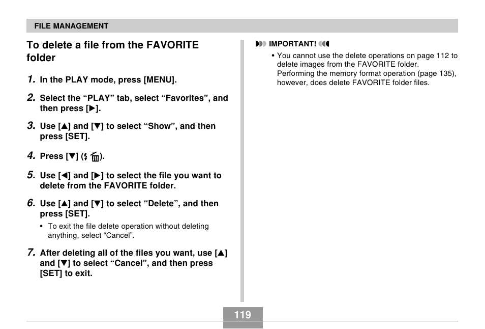 To delete a file from the favorite folder, 119 to delete a file from the favorite folder 1 | Casio EX-Z30/EX-Z40 User Manual | Page 119 / 198