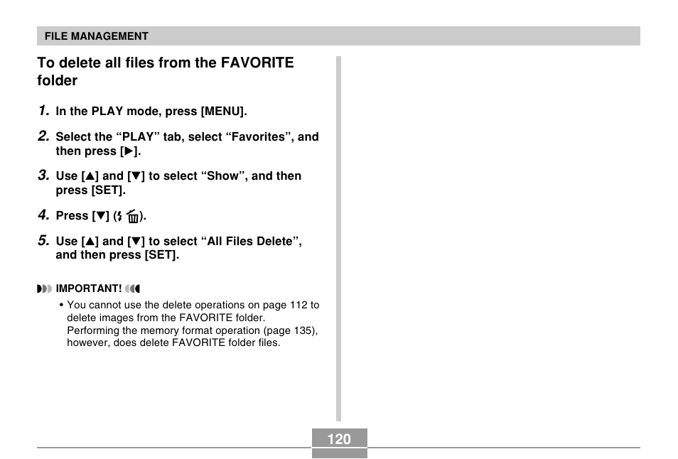 To delete all files from the favorite folder | Casio EX-Z30/EX-Z40 User Manual | Page 120 / 198