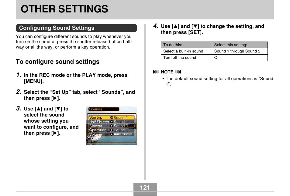 Other settings, Configuring sound settings, To configure sound settings | Casio EX-Z30/EX-Z40 User Manual | Page 121 / 198