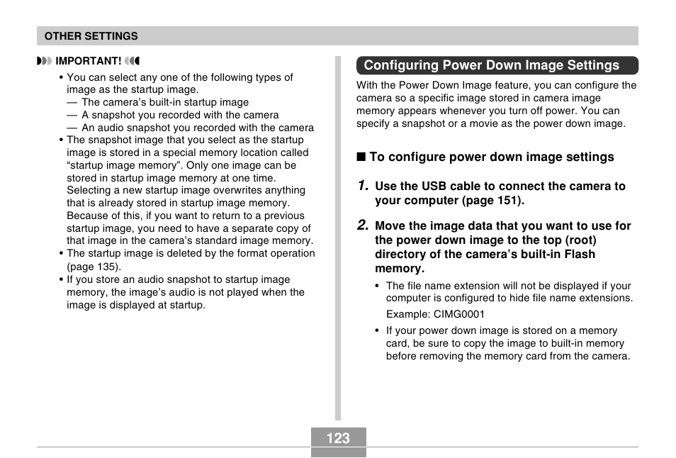 Configuring power down image settings | Casio EX-Z30/EX-Z40 User Manual | Page 123 / 198