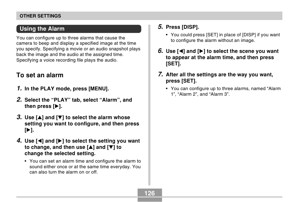 Using the alarm, To set an alarm | Casio EX-Z30/EX-Z40 User Manual | Page 126 / 198