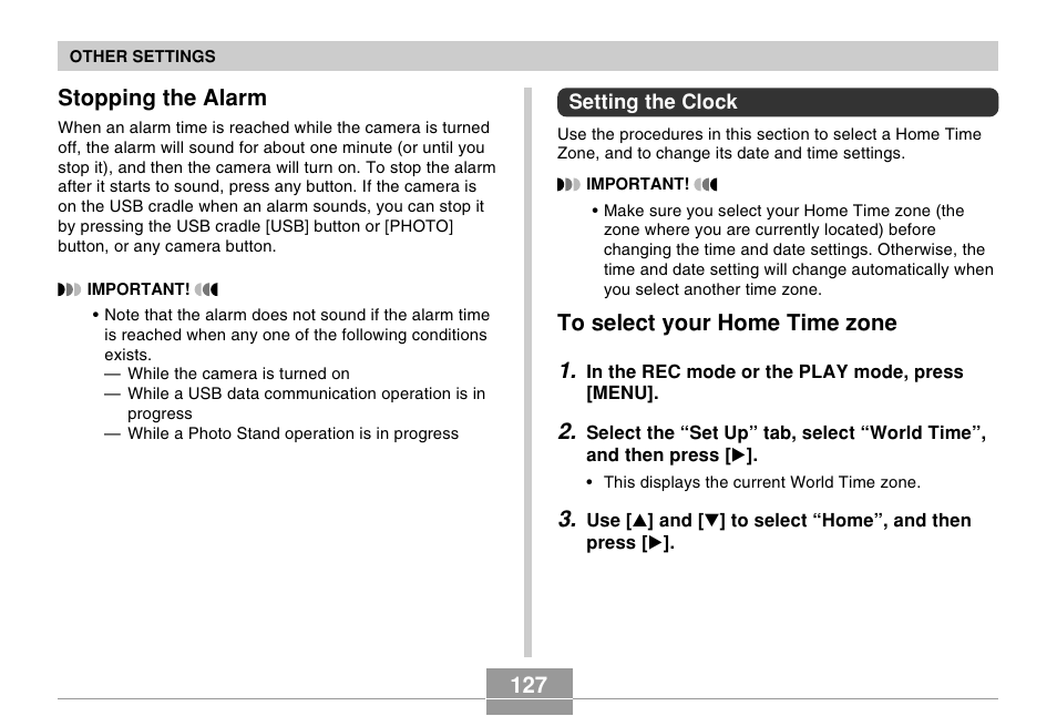 Stopping the alarm, Setting the clock, To select your home time zone | 127 stopping the alarm | Casio EX-Z30/EX-Z40 User Manual | Page 127 / 198
