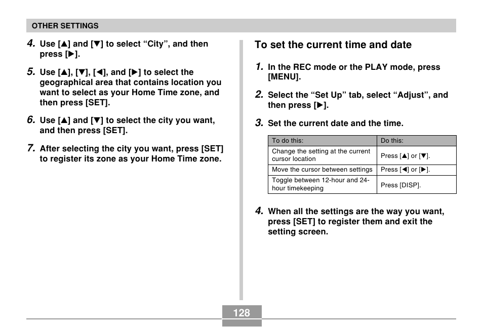 To set the current time and date | Casio EX-Z30/EX-Z40 User Manual | Page 128 / 198