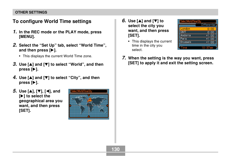 To configure world time settings, 130 to configure world time settings 1 | Casio EX-Z30/EX-Z40 User Manual | Page 130 / 198