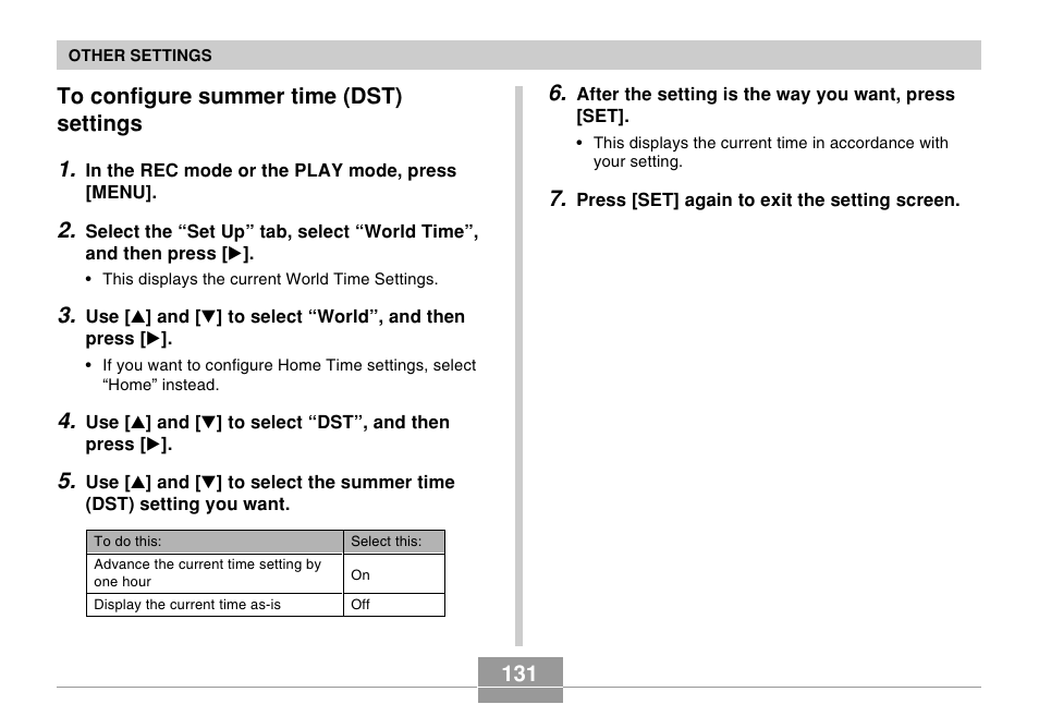 To configure summer time (dst) settings, 131 to configure summer time (dst) settings 1 | Casio EX-Z30/EX-Z40 User Manual | Page 131 / 198