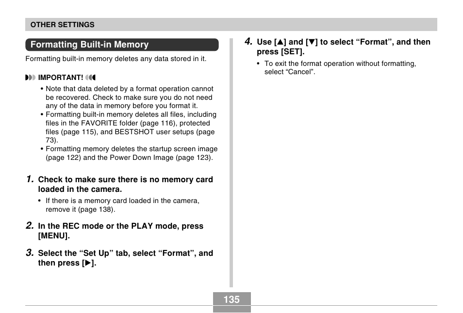 Formatting built-in memory | Casio EX-Z30/EX-Z40 User Manual | Page 135 / 198