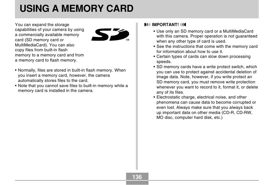 Using a memory card | Casio EX-Z30/EX-Z40 User Manual | Page 136 / 198