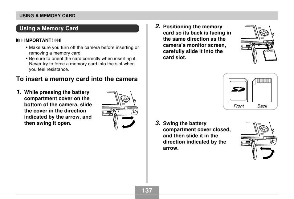 Using a memory card, To insert a memory card into the camera | Casio EX-Z30/EX-Z40 User Manual | Page 137 / 198