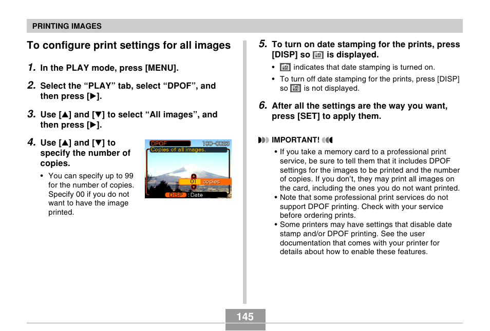 To configure print settings for all images, 145 to configure print settings for all images 1 | Casio EX-Z30/EX-Z40 User Manual | Page 145 / 198