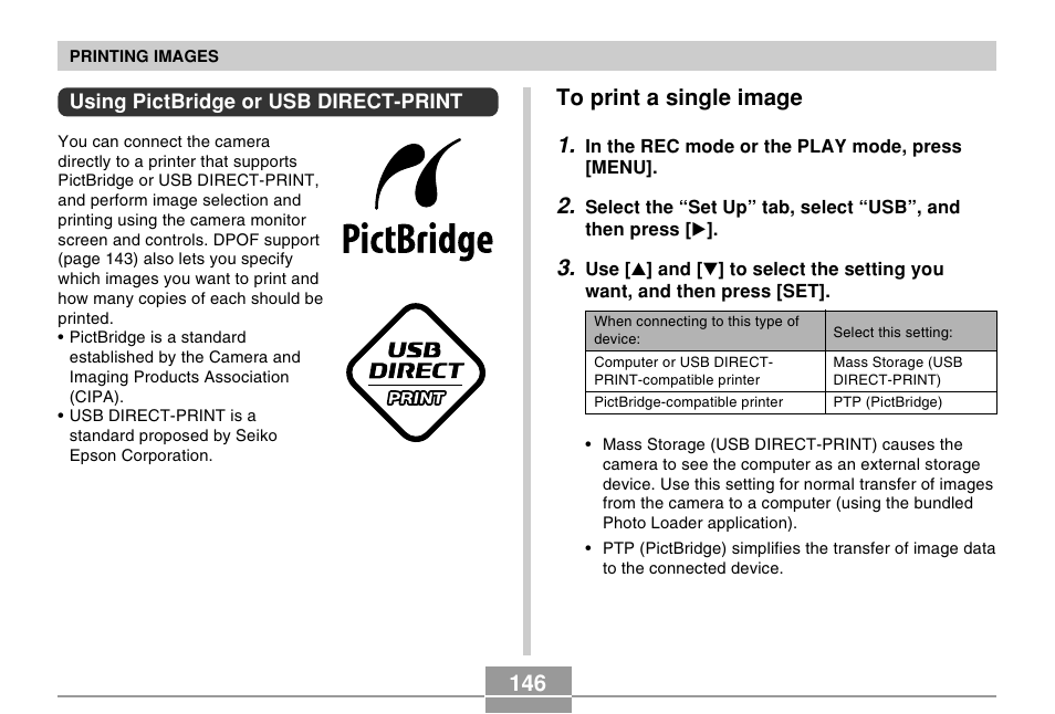 Using pictbridge or usb direct-print, To print a single image, 146 to print a single image 1 | Casio EX-Z30/EX-Z40 User Manual | Page 146 / 198