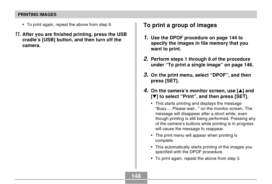 To print a group of images, 148 to print a group of images 1 | Casio EX-Z30/EX-Z40 User Manual | Page 148 / 198