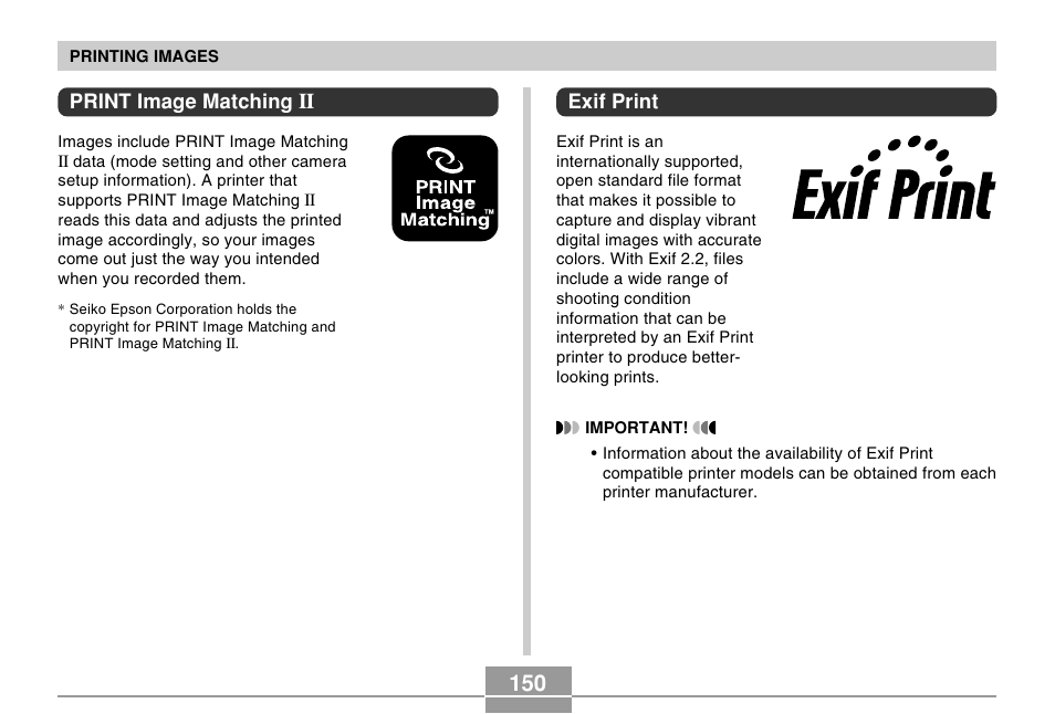 Print image matching ii, Exif print | Casio EX-Z30/EX-Z40 User Manual | Page 150 / 198