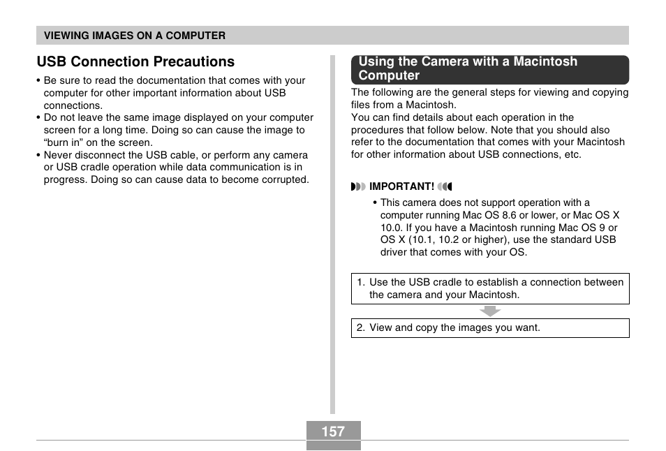 Usb connection precautions, Using the camera with a macintosh computer | Casio EX-Z30/EX-Z40 User Manual | Page 157 / 198