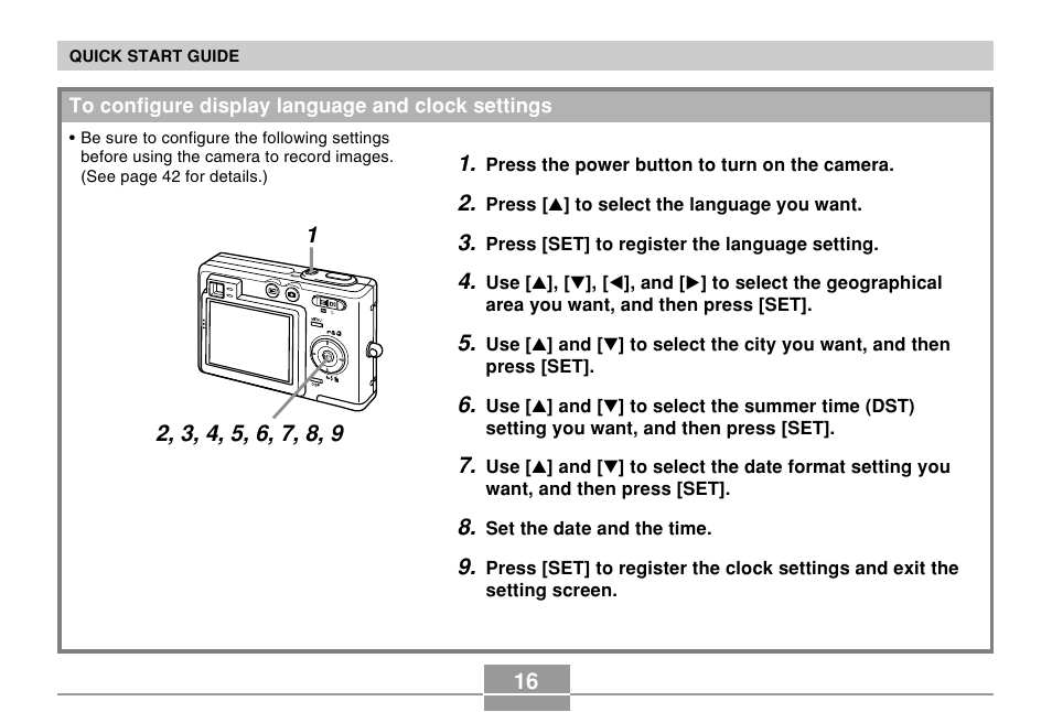 To configure display language and clock settings | Casio EX-Z30/EX-Z40 User Manual | Page 16 / 198