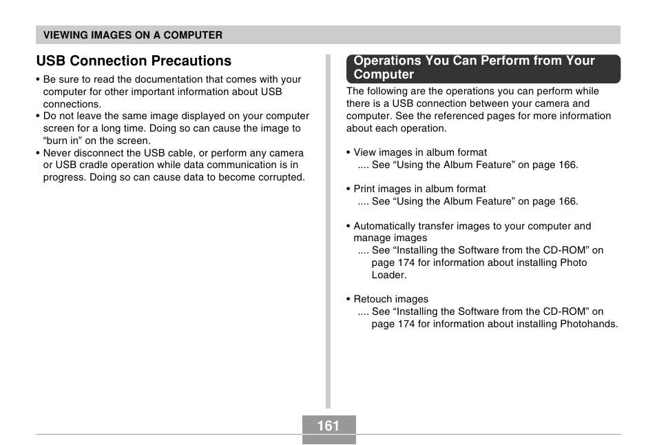 Usb connection precautions, Operations you can perform from your computer, 161 usb connection precautions | Casio EX-Z30/EX-Z40 User Manual | Page 161 / 198