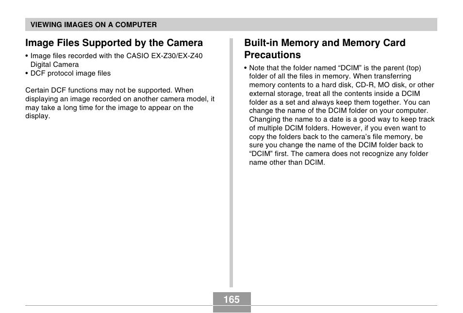 Image files supported by the camera, Built-in memory and memory card precautions | Casio EX-Z30/EX-Z40 User Manual | Page 165 / 198