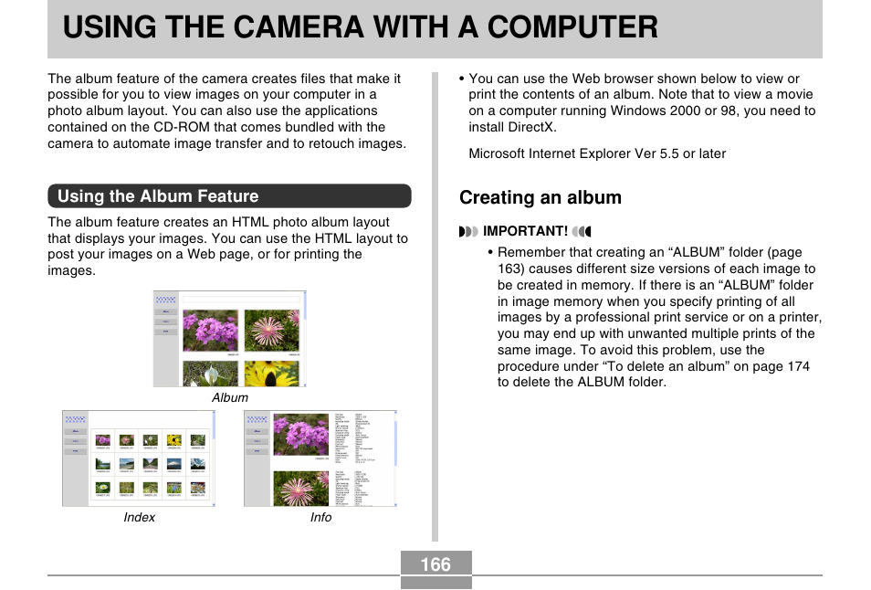 Using the camera with a computer, Using the album feature, Creating an album | 166 creating an album | Casio EX-Z30/EX-Z40 User Manual | Page 166 / 198