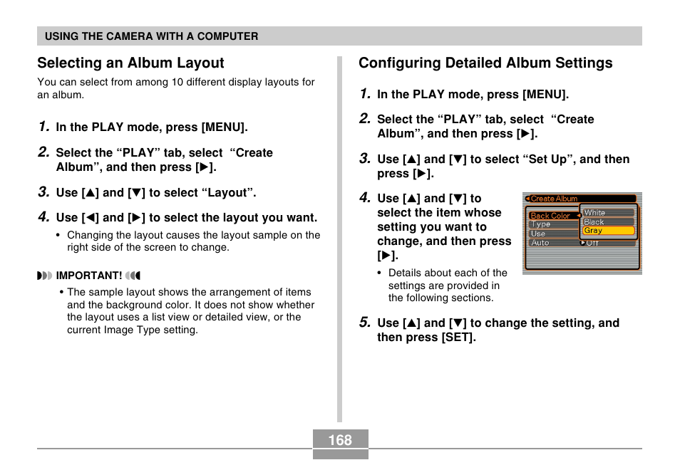 Selecting an album layout, Configuring detailed album settings, 168 selecting an album layout | Configuring detailed album settings 1 | Casio EX-Z30/EX-Z40 User Manual | Page 168 / 198