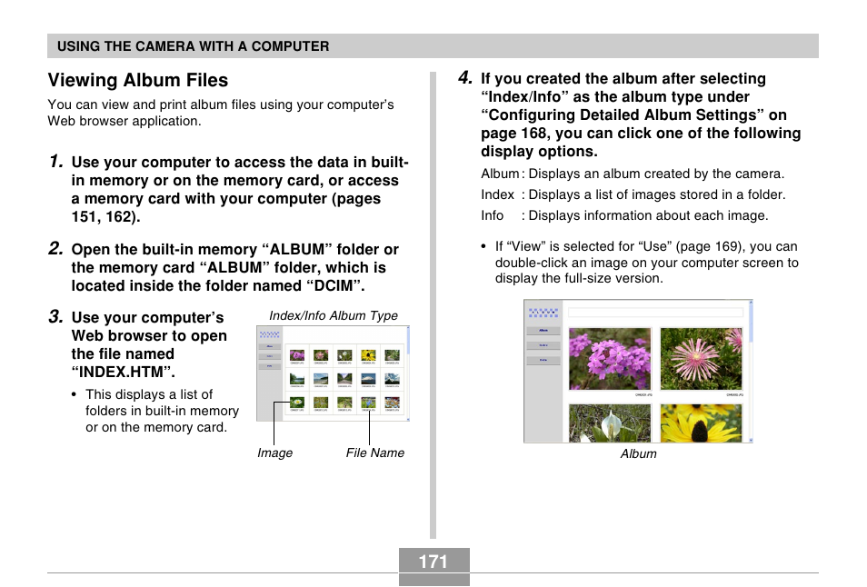 Viewing album files, 171 viewing album files | Casio EX-Z30/EX-Z40 User Manual | Page 171 / 198