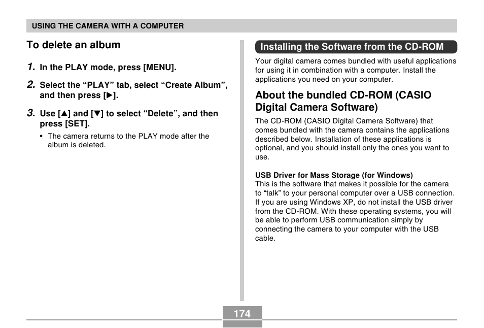 To delete an album, Installing the software from the cd-rom | Casio EX-Z30/EX-Z40 User Manual | Page 174 / 198