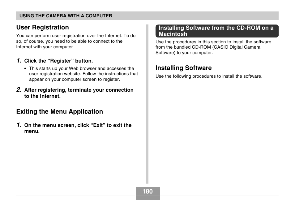 User registration, Exiting the menu application, Installing software from the cd-rom on a macintosh | Installing software | Casio EX-Z30/EX-Z40 User Manual | Page 180 / 198