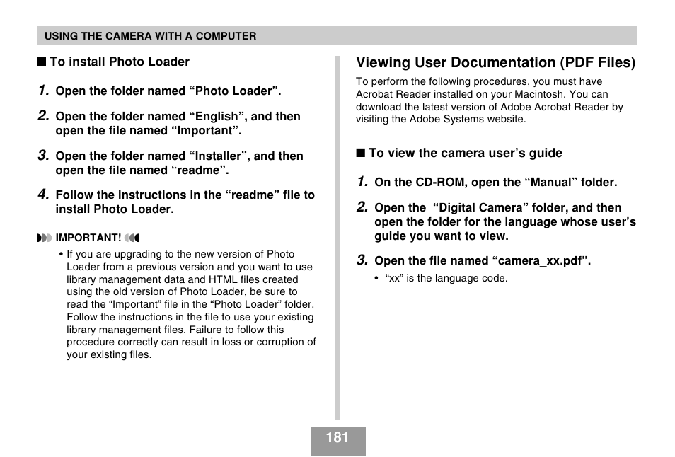 Viewing user documentation (pdf files) | Casio EX-Z30/EX-Z40 User Manual | Page 181 / 198