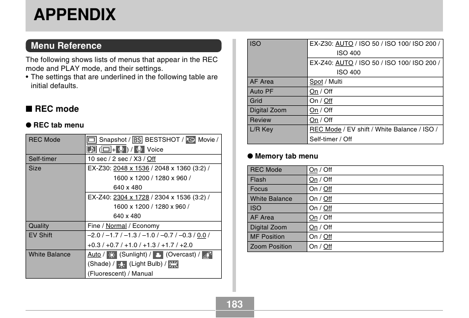 Appendix, Menu reference, Rec mode | Casio EX-Z30/EX-Z40 User Manual | Page 183 / 198