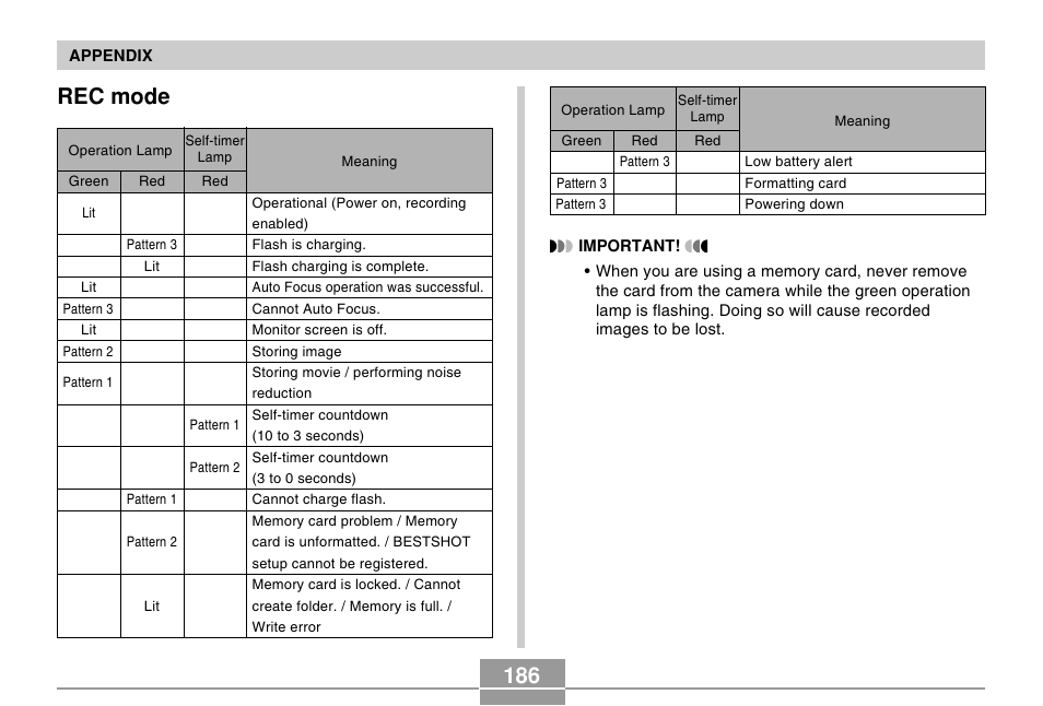 Rec mode, 186 rec mode | Casio EX-Z30/EX-Z40 User Manual | Page 186 / 198