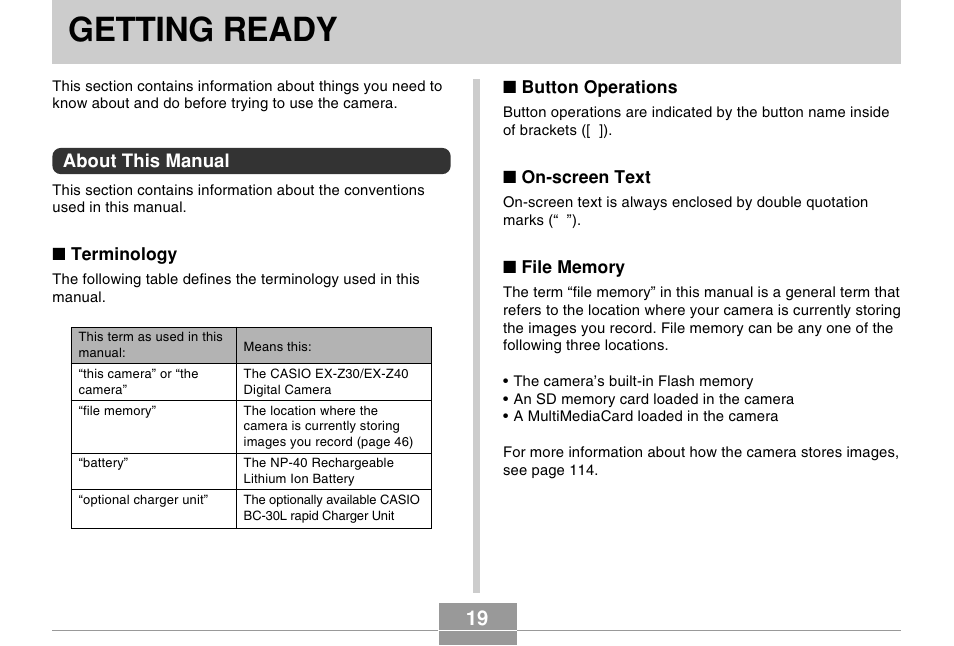 Getting ready, About this manual | Casio EX-Z30/EX-Z40 User Manual | Page 19 / 198